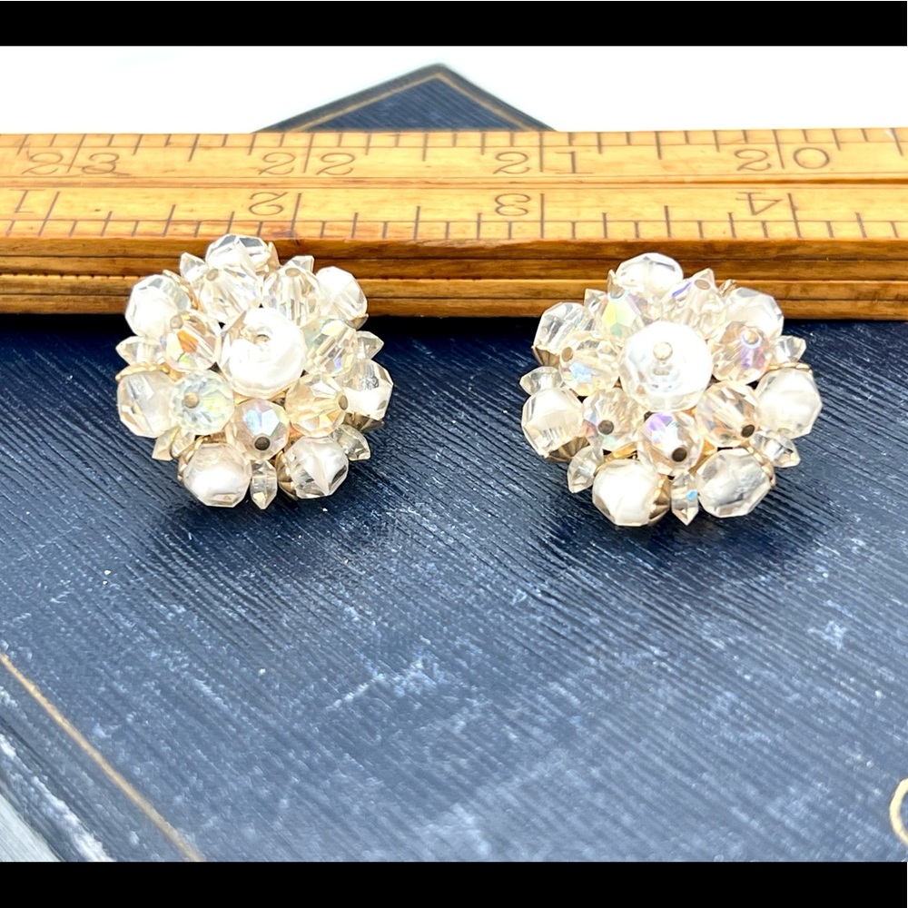 Crystal bead clip on earrings vintage LAGUNA silver clear AB